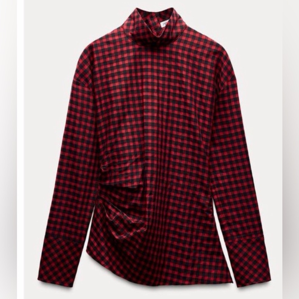 NWOT Zara ZW Collection Red/Black 100% Cotton Plaid Blouse with Ruches Size M.